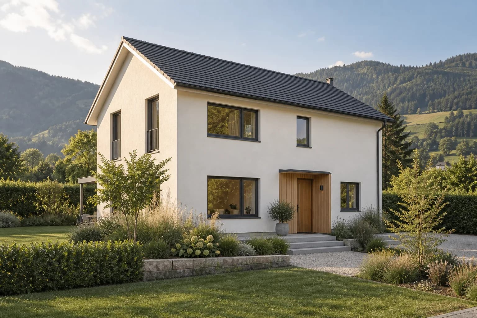 Illustration eines Schweizer Einfamilienhauses mit heller Putzfassade und gepflegtem Garten